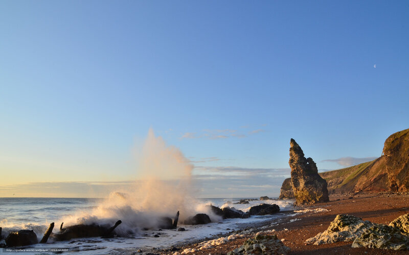 Waves Crashing on Rocks — Blue, Dramatic, Sunset, Photograph, Moon