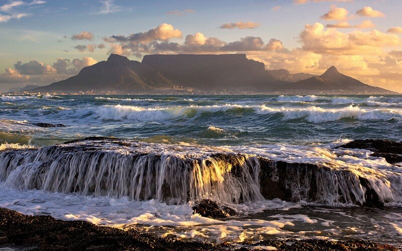 Waves Crashing on Rocks — Blue, Dramatic, Sunset, Photograph, Mountain, Ocean, Sky