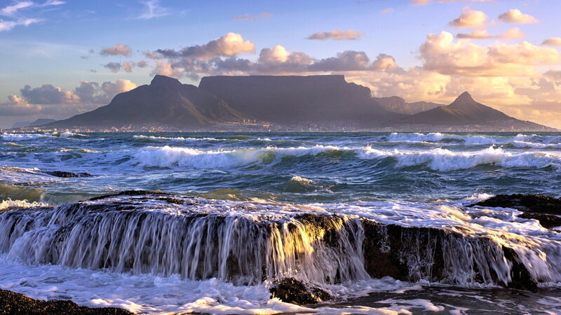 Waves Crashing on Rocks — Blue, Dramatic, Sunset, Photograph, Mountain