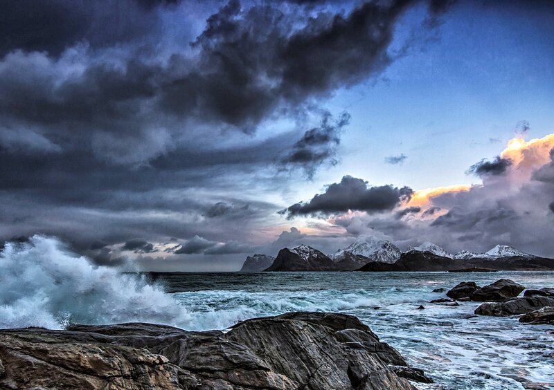 Waves Crashing on Rocks — Blue, Dramatic, Sunset, Photograph, Mountains, Ocean