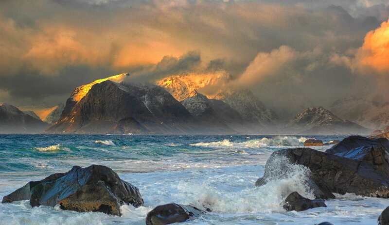 Waves Crashing on Rocks — Blue, Dramatic, Sunset, Photograph, Mountains