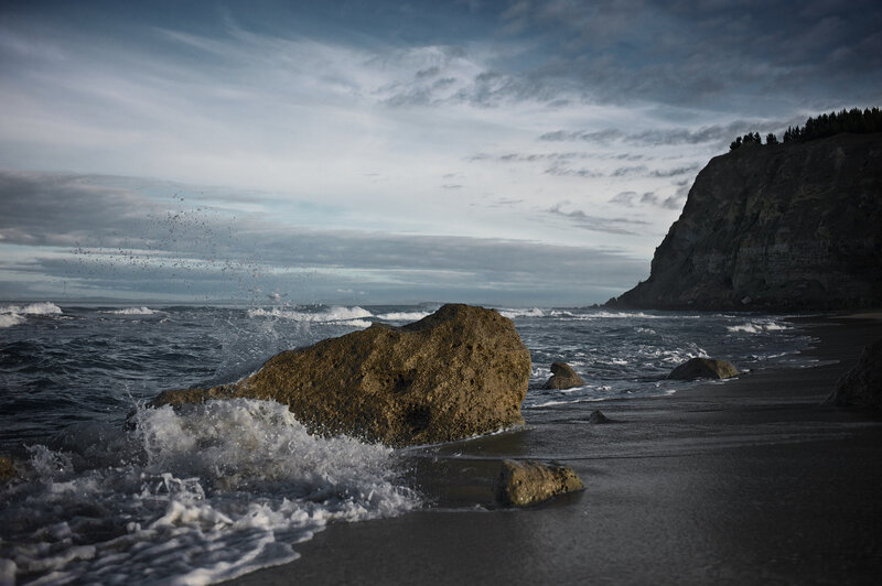 Waves Crashing on Rocks — Blue, Dramatic, Sunset, Photograph, Ocean, Cliff