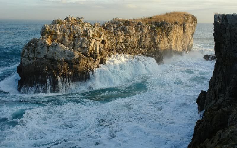 Waves Crashing on Rocks — Blue, Dramatic, Sunset, Photograph, Ocean, Cliffs, Birds