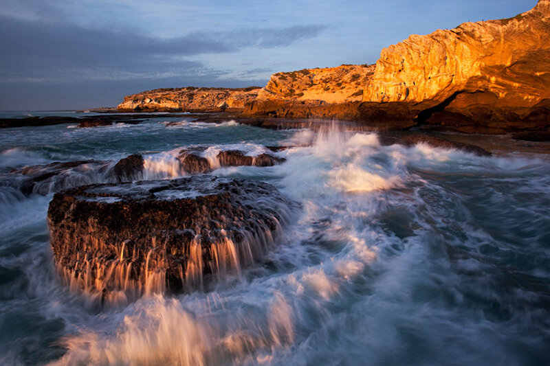 Waves Crashing on Rocks — Blue, Dramatic, Sunset, Photograph, Ocean, Cliffs, Sky, Orange