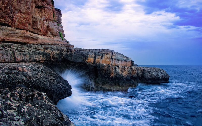 Waves Crashing on Rocks — Blue, Dramatic, Sunset, Photograph, Ocean, Cliffs