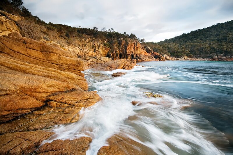 Waves Crashing on Rocks — Blue, Dramatic, Sunset, Photograph, Ocean, Cliffs, Trees