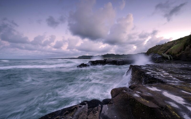 Waves Crashing on Rocks — Blue, Dramatic, Sunset, Photograph, Ocean, Clouds, Cliff