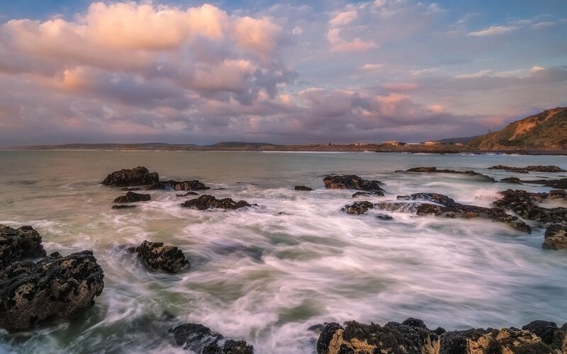 Waves Crashing on Rocks — Blue, Dramatic, Sunset, Photograph, Ocean, Clouds, Coastline