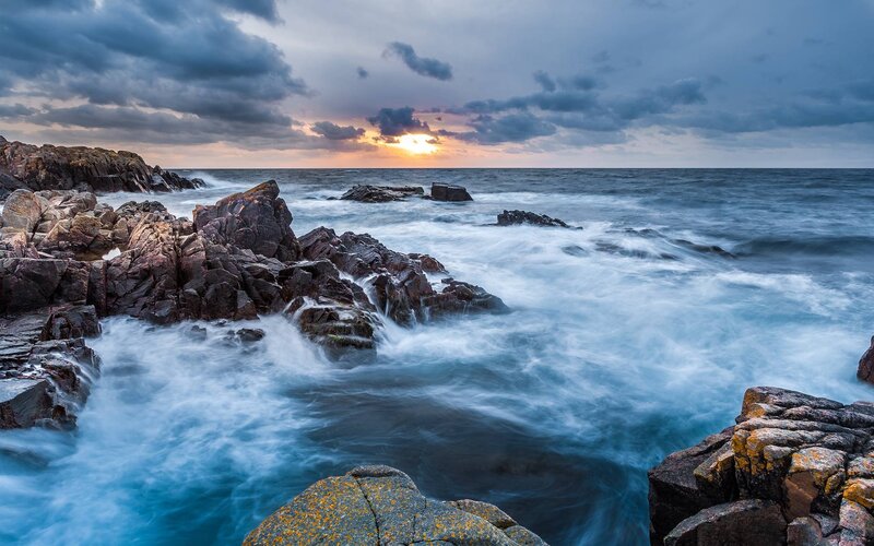 Waves Crashing on Rocks — Blue, Dramatic, Sunset, Photograph, Ocean, Clouds, Sun