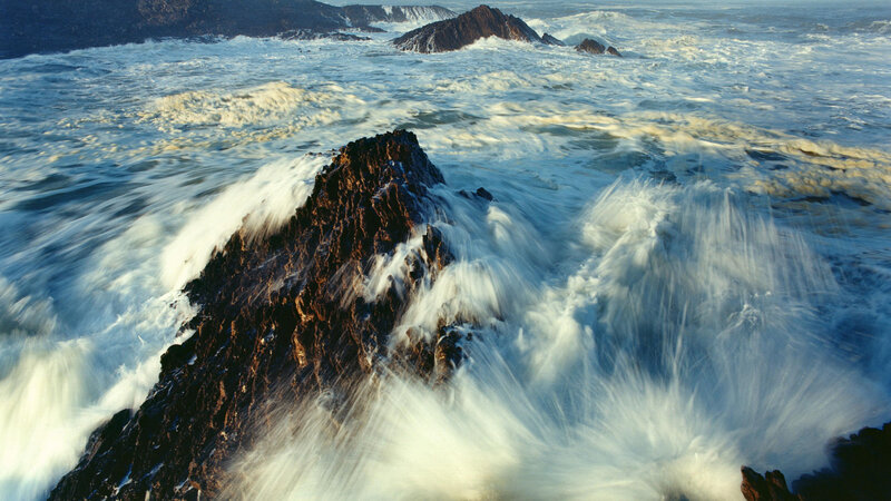 Waves Crashing on Rocks — Blue, Dramatic, Sunset, Photograph, Ocean, Foam