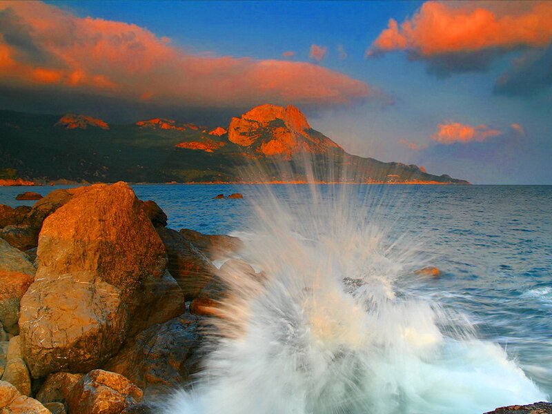 Waves Crashing on Rocks — Blue, Dramatic, Sunset, Photograph, Ocean, Mountain