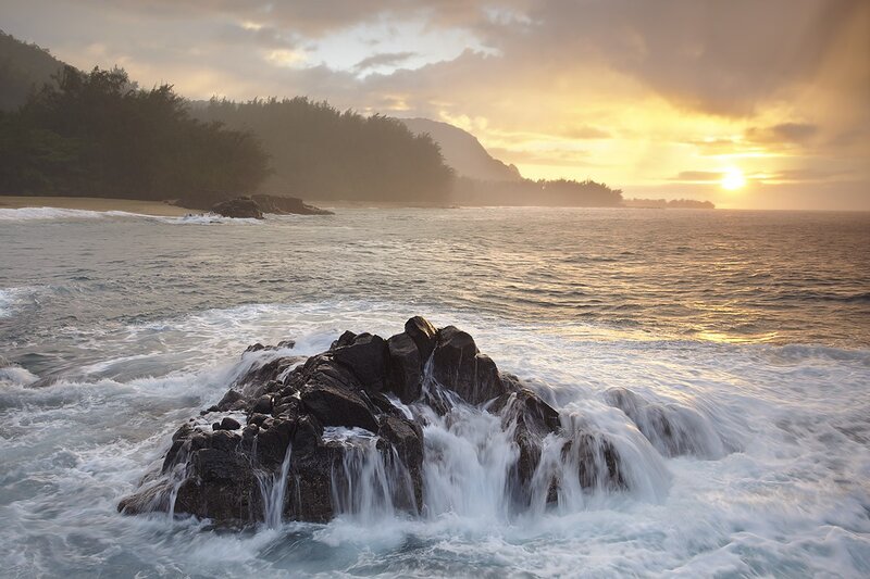 Waves Crashing on Rocks — Blue, Dramatic, Sunset, Photograph, Ocean, Mountain, Yellow