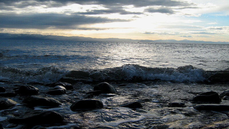 Waves Crashing on Rocks — Blue, Dramatic, Sunset, Photograph, Ocean, Mountains, Clouds