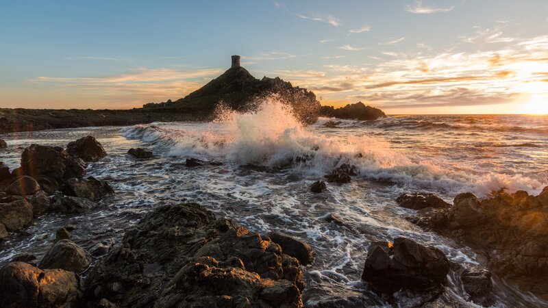 Waves Crashing on Rocks — Blue, Dramatic, Sunset, Photograph, Ocean, Rock Formation