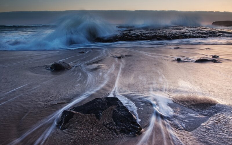 Waves Crashing on Rocks — Blue, Dramatic, Sunset, Photograph, Ocean, Sand