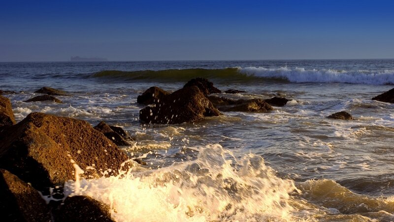 Waves Crashing on Rocks — Blue, Dramatic, Sunset, Photograph, Ocean, Ship