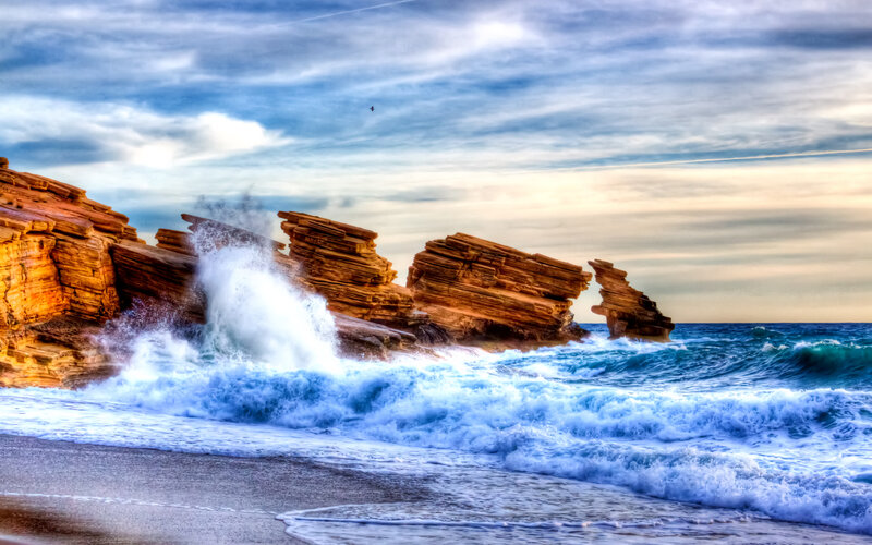 Waves Crashing on Rocks — Blue, Dramatic, Sunset, Photograph, Ocean, Sky, Bird