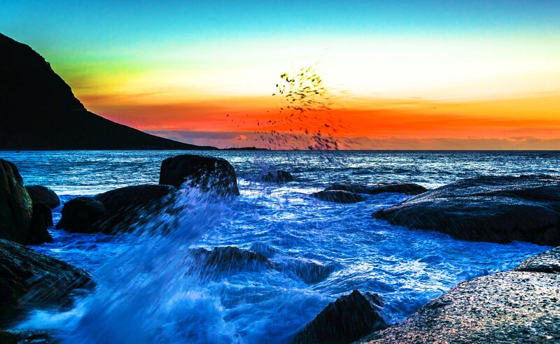 Waves Crashing on Rocks — Blue, Dramatic, Sunset, Photograph, Ocean, Sky, Birds