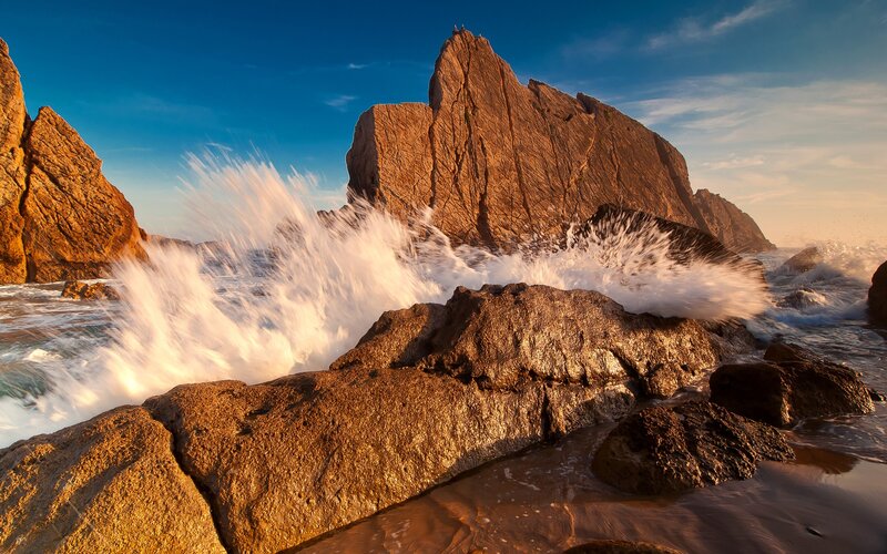 Waves Crashing on Rocks — Blue, Dramatic, Sunset, Photograph, Ocean, Sky, Brown, White