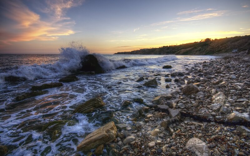 Waves Crashing on Rocks — Blue, Dramatic, Sunset, Photograph, Ocean, Sky, Cliff