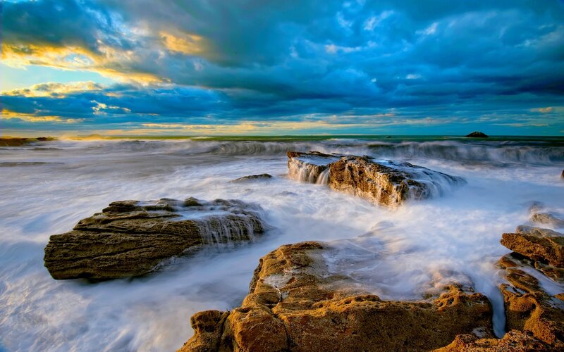 Waves Crashing on Rocks — Blue, Dramatic, Sunset, Photograph, Ocean, Sky, Clouds, Island