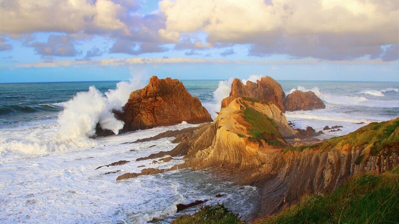 Waves Crashing on Rocks — Blue, Dramatic, Sunset, Photograph, Ocean, Sky, Grass