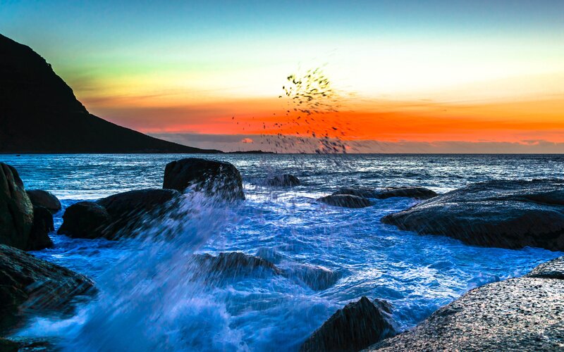 Waves Crashing on Rocks — Blue, Dramatic, Sunset, Photograph, Ocean, Sky, Mountain