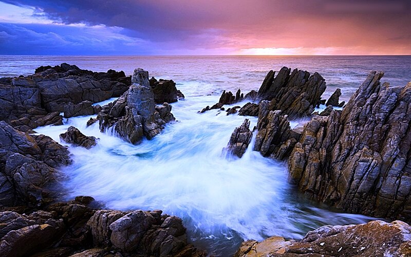 Waves Crashing on Rocks — Blue, Dramatic, Sunset, Photograph, Ocean, Sky, Purple