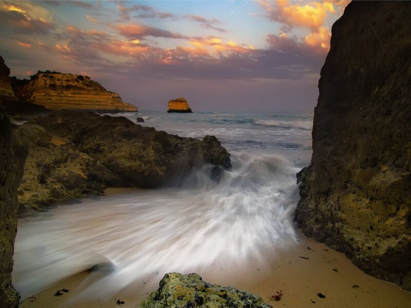 Waves Crashing on Rocks — Blue, Dramatic, Sunset, Photograph, Ocean, Sky, Sand