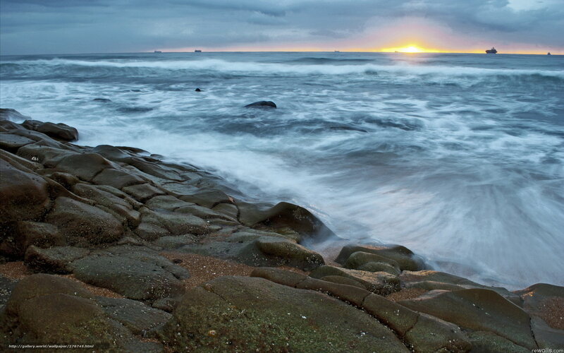 Waves Crashing on Rocks — Blue, Dramatic, Sunset, Photograph, Ocean, Sky, Ships