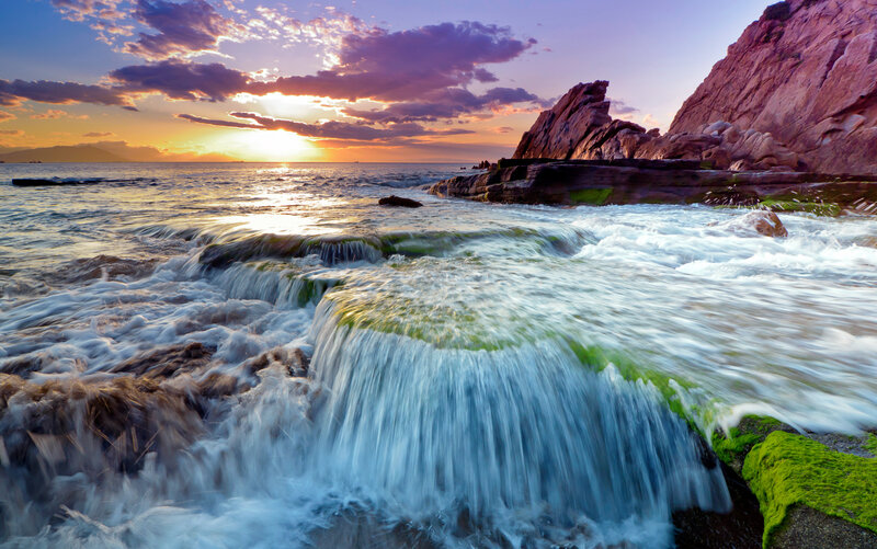 Waves Crashing on Rocks — Blue, Dramatic, Sunset, Photograph, Ocean, Sky, Sun