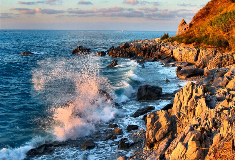 Waves Crashing on Rocks — Blue, Dramatic, Sunset, Photograph, Ocean, Sky