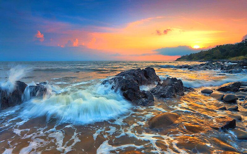 Waves Crashing on Rocks — Blue, Dramatic, Sunset, Photograph, Ocean, Sky, Trees