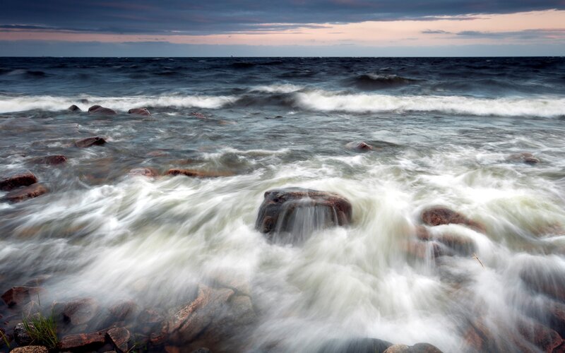 Waves Crashing on Rocks — Blue, Dramatic, Sunset, Photograph, Ocean, Sky, White, Gray