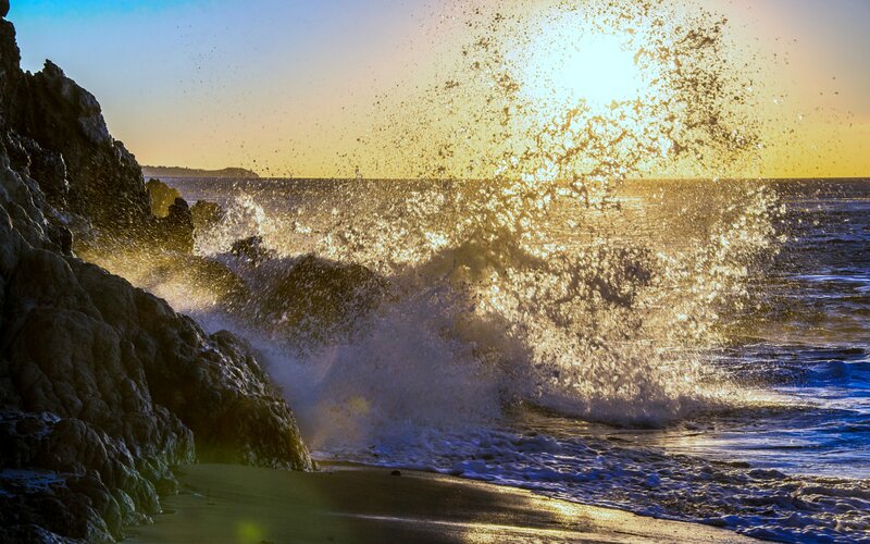 Waves Crashing on Rocks — Blue, Dramatic, Sunset, Photograph, Ocean, Sun, Beach