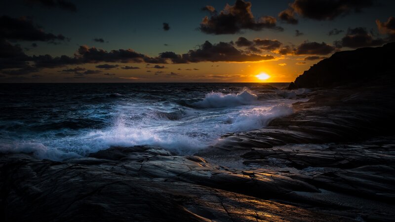 Waves Crashing on Rocks — Blue, Dramatic, Sunset, Photograph, Ocean, Sun, Clouds, Orange