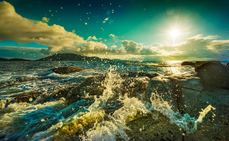 Waves Crashing on Rocks — Blue, Dramatic, Sunset, Photograph, Ocean, Sun