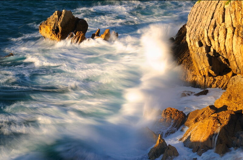 Waves Crashing on Rocks — Blue, Dramatic, Sunset, Photograph, Ocean, Sunlight