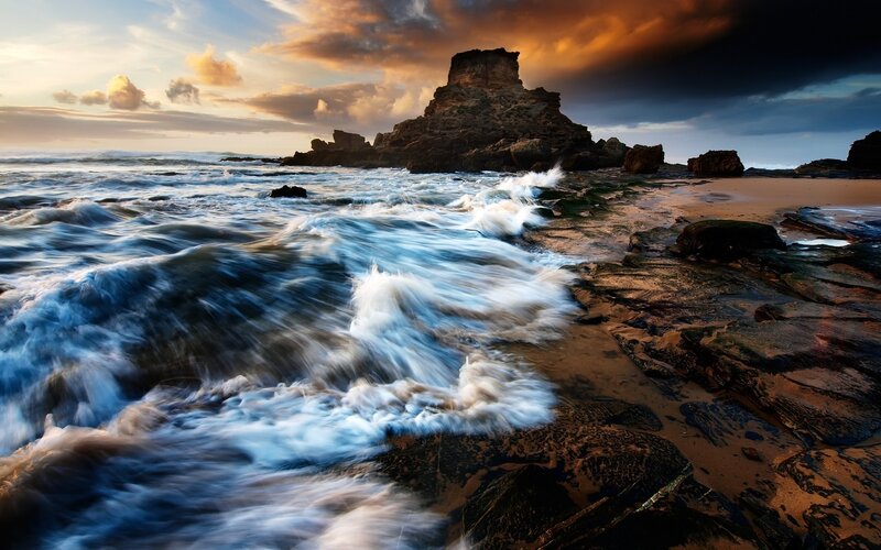 Waves Crashing on Rocks — Blue, Dramatic, Sunset, Photograph, Ocean