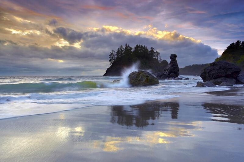 Waves Crashing on Rocks — Blue, Dramatic, Sunset, Photograph, Ocean, Trees, Gray