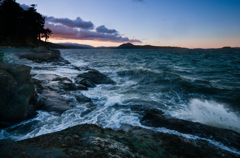 Waves Crashing on Rocks — Blue, Dramatic, Sunset, Photograph, Ocean, Trees
