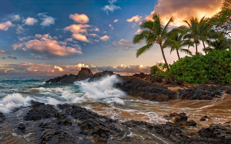 Waves Crashing on Rocks — Blue, Dramatic, Sunset, Photograph, Palm Trees, Ocean, Clouds