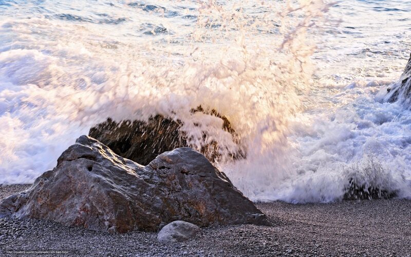 Waves Crashing on Rocks — Blue, Dramatic, Sunset, Photograph, Pebbles