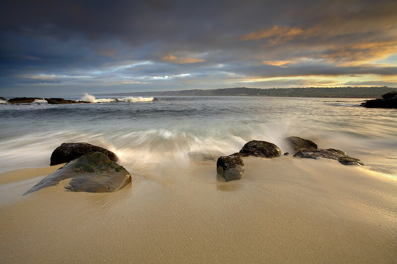 Waves Crashing on Rocks — Blue, Dramatic, Sunset, Photograph, Sand