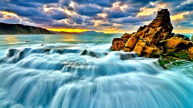 Waves Crashing on Rocks — Blue, Dramatic, Sunset, Photograph, Sea, Sky