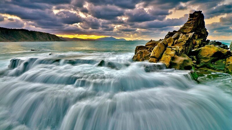Waves Crashing on Rocks — Blue, Dramatic, Sunset, Photograph, Sea