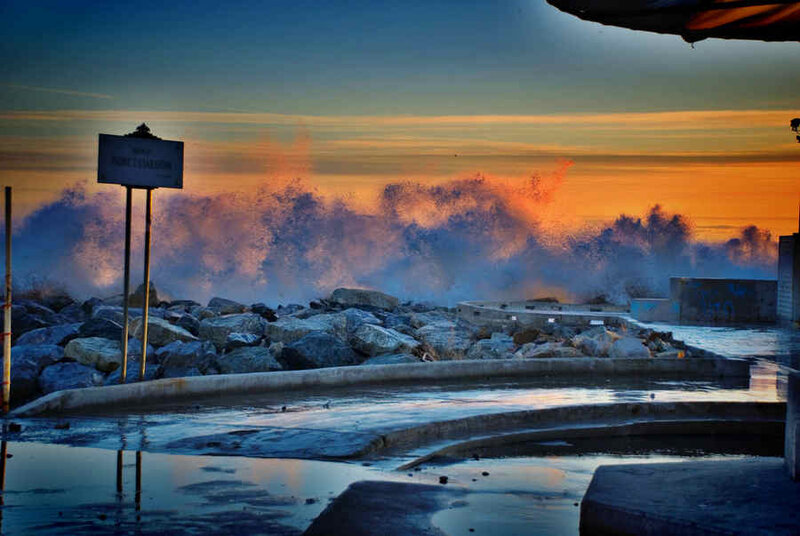 Waves Crashing on Rocks — Blue, Dramatic, Sunset, Photograph, Sign