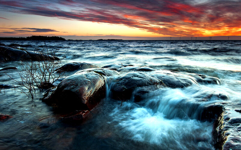 Waves Crashing on Rocks — Blue, Dramatic, Sunset, Photograph, Sky