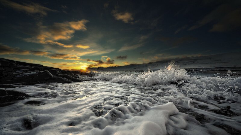 Waves Crashing on Rocks — Blue, Dramatic, Sunset, Photograph, Sun, Clouds, Foam