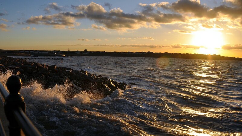 Waves Crashing on Rocks — Blue, Dramatic, Sunset, Photograph, Sun, Clouds, Railing